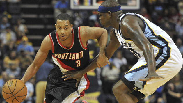 Nov 6, 2016; Memphis, TN, USA; Portland Trail Blazers guard C.J. McCollum (3) drives to the basket against Memphis Grizzlies forward Zach Randolph (50) during the first half at FedExForum. Photo Credit: Justin Ford-USA TODAY Sports