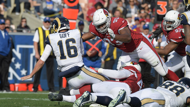 Jan 1, 2017; Los Angeles, CA, USA; Los Angeles Rams quarterback Jared Goff (16) is sacked by Arizona Cardinals defensive end Calais Campbell (93) and outside linebacker Markus Golden (44) in the first quarter during a NFL football game at Los Angeles Memorial Coliseum. Photo Credit: Kirby Lee-USA TODAY Sports