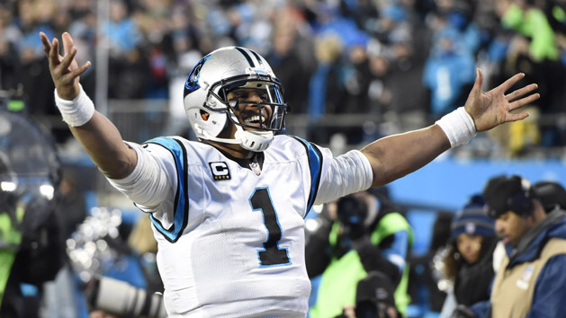 Jan 24, 2016; Charlotte, NC, USA; Carolina Panthers quarterback Cam Newton (1) celebrates during the fourth quarter against the Arizona Cardinals in the NFC Championship football game at Bank of America Stadium. Photo Credit: John David Mercer-USA TODAY Sports