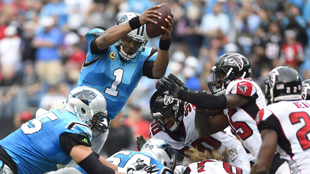 Oct 1, 2017; Foxborough, MA, USA; Carolina Panthers quarterback Cam Newton (1) celebrates a touchdown during the fourth quarter against the New England Patriots at Gillette Stadium. Photo Credit: Stew Milne-USA TODAY Sports