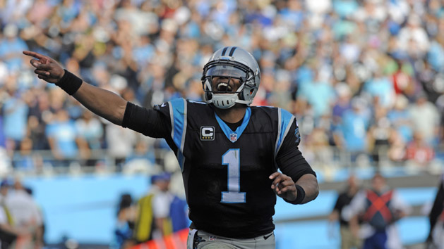 Dec 13, 2015; Charlotte, NC, USA; Carolina Panthers quarterback Cam Newton (1) celebrates after his team scores a touchdown during the second half of the game against the Atlanta Falcons at Bank of America Stadium. Mandatory Credit: Sam Sharpe-USA TODAY Sports