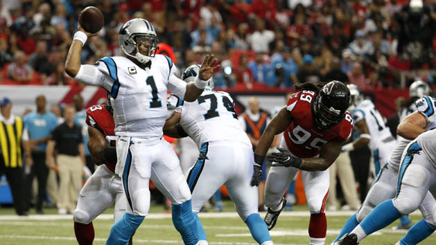 Oct 2, 2016; Atlanta, GA, USA; Carolina Panthers quarterback Cam Newton (1) attempts a pass in the second quarter of their game against the Atlanta Falcons at the Georgia Dome. Photo Credit: Jason Getz-USA TODAY Sports