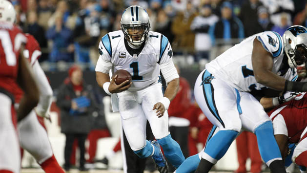 Jan 24, 2016; Charlotte, NC, USA; Carolina Panthers quarterback Cam Newton (1) runs the ball during the first quarter against the Arizona Cardinals in the NFC Championship football game at Bank of America Stadium. Mandatory Credit: Jason Getz-USA TODAY Sports