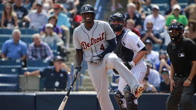 Mar 2, 2016; Tampa, FL, USA; Detroit Tigers designator hitter Cameron Maybin (4) gets hit by a pitch against the New York Yankees at George M. Steinbrenner Field. Mandatory Credit: Kim Klement-USA TODAY Sports