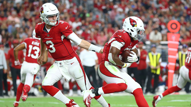 Sep 30, 2018; Glendale, AZ, USA; Arizona Cardinals quarterback Josh Rosen (3) hands off the ball to running back David Johnson (31) against the Seattle Seahawks at State Farm Stadium. Photo Credit: Mark J. Rebilas-USA TODAY Sports