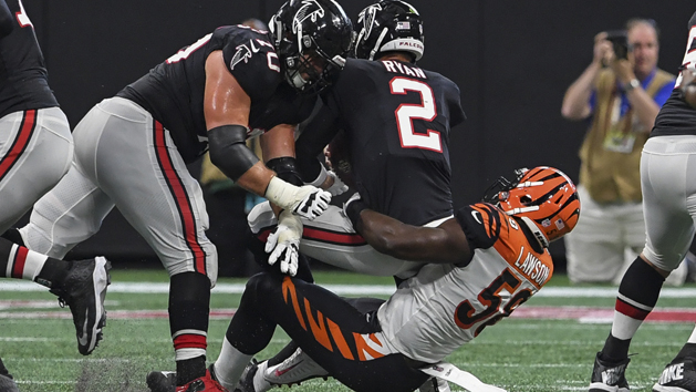 Sep 30, 2018; Atlanta, GA, USA; Cincinnati Bengals defensive end Carl Lawson (58) sacks Atlanta Falcons quarterback Matt Ryan (2) during the second half at Mercedes-Benz Stadium. Photo Credit: Dale Zanine-USA TODAY Sports