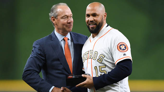 Sep 25, 2017; Arlington, TX, USA; Houston Astros designated hitter Carlos Beltran (15) smiles after the benches clear during the second inning against the Texas Rangers at Globe Life Park in Arlington. Photo Credit: Andrew Dieb-USA TODAY Sports