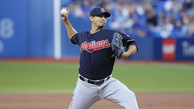 Jun 30, 2016; Toronto, Ontario, CAN; Cleveland Indians starting pitcher Carlos Carrasco (59) throws against the Toronto Blue Jays in the first inning at Rogers Centre. Cleveland defeated Toronto 4-1. Photo Credit: John E. Sokolowski-USA TODAY Sports