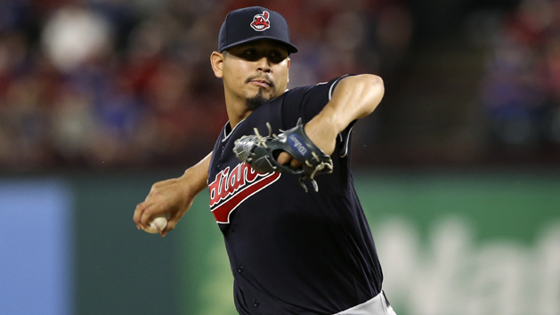 Apr 4, 2017; Arlington, TX, USA; Cleveland Indians starting pitcher Carlos Carrasco (59) throws during the game against the Texas Rangers at Globe Life Park in Arlington. Mandatory Credit: Kevin Jairaj-USA TODAY Sports