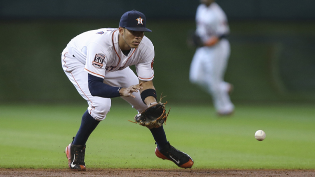 Sep 6, 2015; Houston, TX, USA; Houston Astros shortstop Carlos Correa (1) fields a ground ball during the third inning against the Minnesota Twins at Minute Maid Park. Mandatory Credit: Troy Taormina-USA TODAY Sports