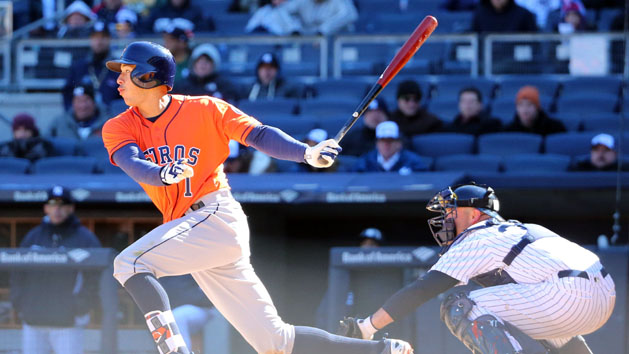 Apr 5, 2016; Bronx, NY, USA; Houston Astros shortstop Carlos Correa (1) goes safe to first on a throwing error during the eighth inning against the New York Yankees at Yankee Stadium. Houston Astros won 5-3. Mandatory Credit: Anthony Gruppuso-USA TODAY Sports