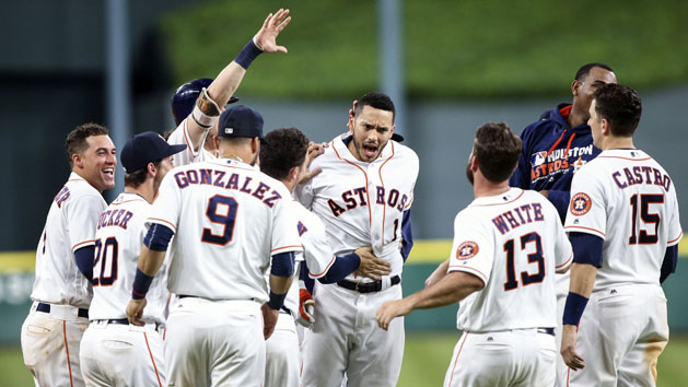 Aug 1, 2016; Houston, TX, USA; Houston Astros shortstop Carlos Correa (1) celebrates with teammates after hitting a walk off RBI double during the fourteenth inning against the Toronto Blue Jays at Minute Maid Park. The Astros won 2-1. Photo Credit: Troy Taormina-USA TODAY Sports