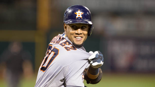 Sep 9, 2015; Oakland, CA, USA; Houston Astros center fielder Carlos Gomez (30) shows the back of his jersey to heckling fans after hitting a home run against the Oakland Athletics during the sixth inning at O.co Coliseum. Mandatory Credit: Kelley L Cox-USA TODAY Sports