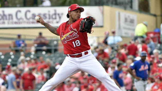Mar 1, 2017; Jupiter, FL, USA; St. Louis Cardinals starting pitcher Carlos Martinez (18) delivers a pitch against the New York Mets during a spring training game at Roger Dean Stadium. Photo Credit: Steve Mitchell-USA TODAY Sports