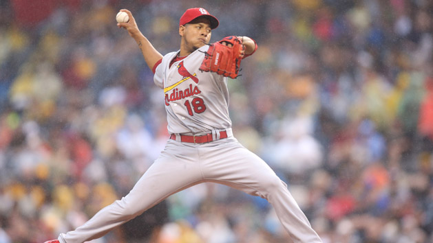 Jul 9, 2015; Pittsburgh, PA, USA; St. Louis Cardinals starting pitcher Carlos Martinez (18) pitches against the Pittsburgh Pirates during the third inning at PNC Park. Mandatory Credit: Charles LeClaire-USA TODAY Sports