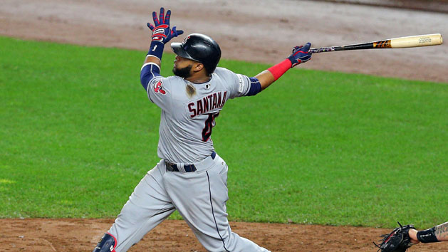 October 9, 2017; Bronx, NY, USA; Cleveland Indians first baseman Carlos Santana (41) hits a two run home run in the fourth inning against the New York Yankees during game four of the 2017 ALDS playoff baseball series at Yankee Stadium. Photo Credit: Brad Penner-USA TODAY Sports