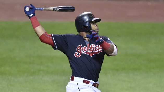 Sep 22, 2016; Cleveland, OH, USA; Cleveland Indians first baseman Carlos Santana (41) hits a three-run home run in the sixth inning against the Kansas City Royals at Progressive Field. Photo Credit: David Richard-USA TODAY Sports