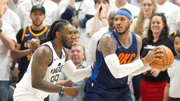 Apr 23, 2018; Salt Lake City, UT, USA; Utah Jazz forward Jae Crowder (99) defends against Oklahoma City Thunder forward Carmelo Anthony (7) during the second half of game four of the first round of the 2018 NBA Playoffs at Vivint Smart Home Arena. Photo Credit: Russ Isabella-USA TODAY Sports