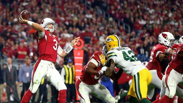 Jan 16, 2016; Glendale, AZ, USA; Arizona Cardinals quarterback Carson Palmer (3) against the Green Bay Packers during an NFC Divisional round playoff game at University of Phoenix Stadium. Mandatory Credit: Mark J. Rebilas-USA TODAY Sports