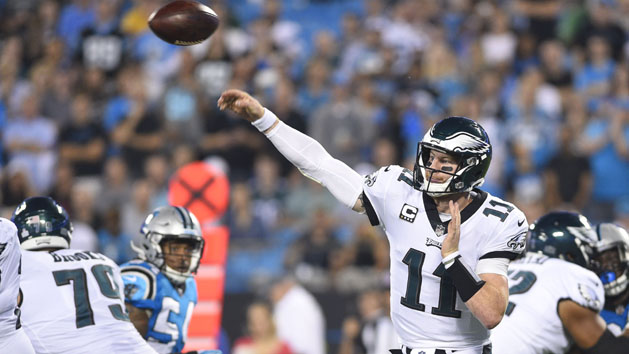 Oct 12, 2017; Charlotte, NC, USA; Philadelphia Eagles quarterback Carson Wentz (11) passes the ball in the first quarter at Bank of America Stadium. Photo Credit: Bob Donnan-USA TODAY Sports
