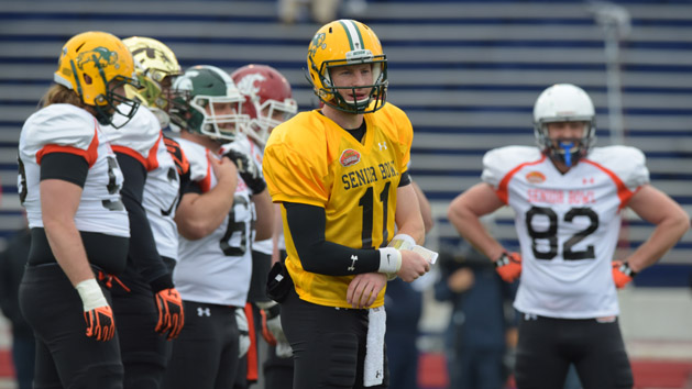 Jan 27, 2016; Mobile, AL, USA; North squad quarterback Carson Wentz of North Dakota State (11) waits for a play to be signaled in to him during Senior Bowl practice at Ladd-Peebles Stadium. Photo Credit: Glenn Andrews-USA TODAY Sports