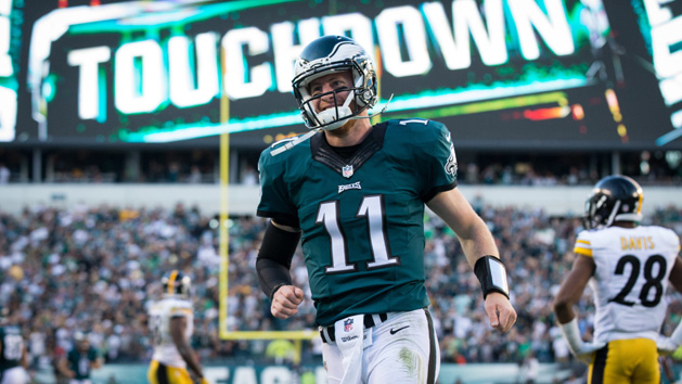 Sep 25, 2016; Philadelphia, PA, USA; Philadelphia Eagles quarterback Carson Wentz (11) reacts after his 73 yard touchdown pass against the Pittsburgh Steelers during the third quarter at Lincoln Financial Field. Photo Credit: Bill Streicher-USA TODAY Sports