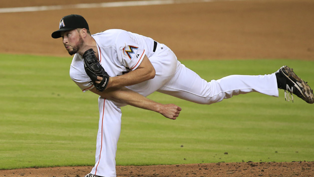 Jun 30, 2015; Miami, FL, USA; Miami Marlins relief pitcher Carter Capps follows through on a pitch in the seventh inning of a game against the San Francisco Giants at Marlins Park. The Marlins won 5-3. Mandatory Credit: Robert Mayer-USA TODAY Sports
