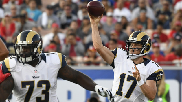 Aug 20, 2016; Los Angeles, CA, USA; Los Angeles Rams quarterback Case Keenum (17) throws the ball against the Kansas City Chiefs during the first inning at Los Angeles Memorial Coliseum. Photo Credit: Richard Mackson-USA TODAY Sports