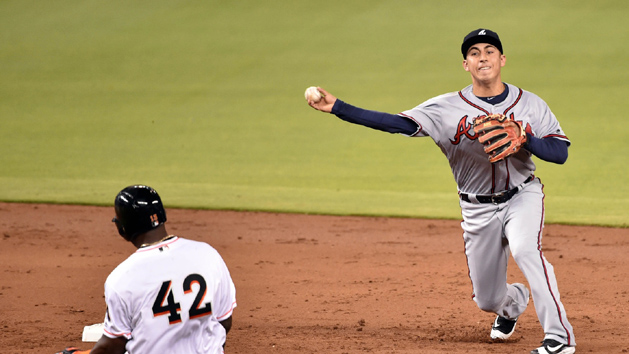 Atlanta shortstop Daniel Castro turns a critical double-play in the Braves win over the Marlins. (USA TODAY Sports)