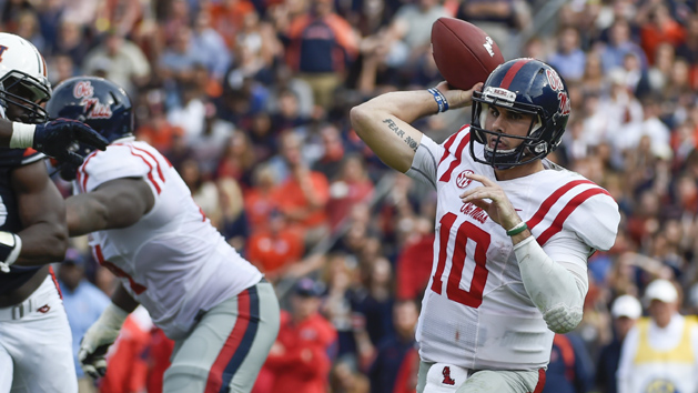 Oct 31, 2015; Auburn, AL, USA; Mississippi Rebels quarterback Chad Kelly (10) passes the ball during the fourth quarter against the Auburn Tigers at Jordan Hare Stadium. Mississippi won 27-19. Mandatory Credit: Shanna Lockwood-USA TODAY Sports