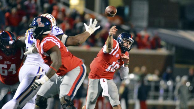 Nov 21, 2015; Oxford, MS, USA; Mississippi Rebels quarterback Chad Kelly (10) makes a pass during the third quarter of the game against the LSU Tigers at Vaught-Hemingway Stadium. Mississippi won 38-17. Mandatory Credit: Matt Bush-USA TODAY Sports