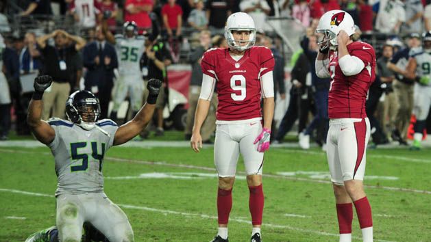 Oct 23, 2016; Glendale, AZ, USA; Arizona Cardinals kicker Chandler Catanzaro (7) reacts after missing a field goal in overtime as punter Ryan Quigley (9) and Seattle Seahawks middle linebacker Bobby Wagner (54) react at University of Phoenix Stadium. Photo Credit: Matt Kartozian-USA TODAY Sports
