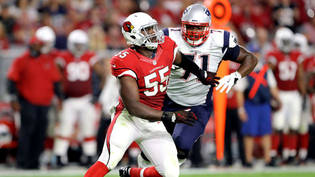 Sep 11, 2016; Glendale, AZ, USA; Arizona Cardinals linebacker Chandler Jones (55) against New England Patriots offensive lineman Cameron Fleming (71) at University of Phoenix Stadium. The Patriots defeated the Cardinals 23-21. Photo Credit: Mark J. Rebilas-USA TODAY Sports