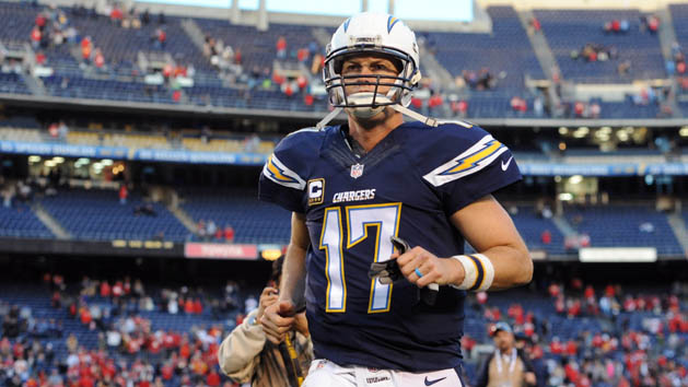 Jan 1, 2017; San Diego, CA, USA; San Diego Chargers quarterback Philip Rivers (17) runs off the field following the game against the Kansas City Chiefs at Qualcomm Stadium. The Chiefs won 37-27. Photo Credit: Orlando Ramirez-USA TODAY Sports