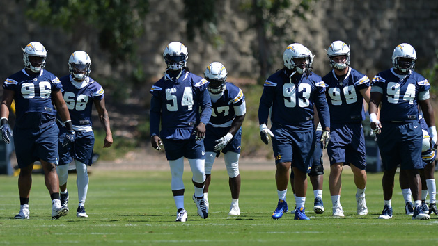 Jun 13, 2017; San Diego, CA, USA; Los Angeles Chargers outside linebacker Melvin Ingram (54) warms up along side defensive end Joey Bosa (99) defensive end Darius Philon (93) defensive end Corey Liuget (94) inside linebacker Korey Toomer (56) and defensive tackle Kaleb Eulls (96) during mini camp at Charger Park. Photo Credit: Jake Roth-USA TODAY Sports