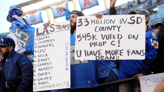 Jan 1, 2017; San Diego, CA, USA; San Diego Chargers fans hold up signs referencing the possible move to Los Angeles by the team during the second half of the game against the Kansas City Chiefs at Qualcomm Stadium. The Chiefs won 37-27. Photo Credit: Orlando Ramirez-USA TODAY Sports