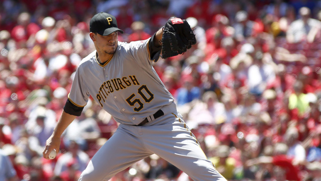 Aug 2, 2015; Cincinnati, OH, USA; Pittsburgh Pirates starting pitcher Charlie Morton throws against the Cincinnati Reds in the second inning at Great American Ball Park. Mandatory Credit: David Kohl-USA TODAY Sports