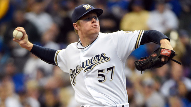 May 17, 2016; Milwaukee, WI, USA; Milwaukee Brewers pitcher Chase Anderson (57) pitches in the first inning against the Chicago Cubs at Miller Park. Mandatory Credit: Benny Sieu-USA TODAY Sports