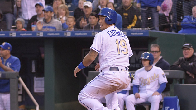 May 13, 2016; Kansas City, MO, USA; Kansas City Royals third baseman Cheslor Cuthbert (19) scores a run in the second inning against the Atlanta Braves at Kauffman Stadium. Mandatory Credit: Denny Medley-USA TODAY Sports