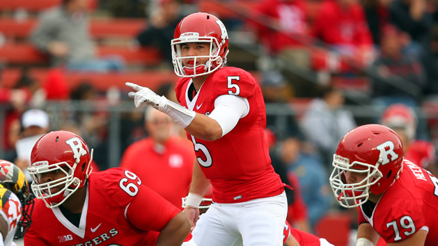 Nov 28, 2015; Piscataway, NJ, USA; Rutgers Scarlet Knights quarterback Chris Laviano (5) calls a play during the first half of their game against the Maryland Terrapins at High Points Solutions Stadium. Photo Credit: Ed Mulholland-USA TODAY Sports