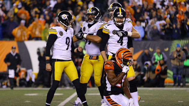 Dec 4, 2017; Cincinnati, OH, USA; Pittsburgh Steelers kicker Chris Boswell (9) reacts to kicking the game winning field goal with teammates against the Cincinnati Bengals in the second half at Paul Brown Stadium. Photo Credit: Aaron Doster-USA TODAY Sports