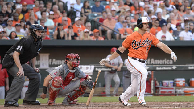 Jul 9, 2016; Baltimore, MD, USA; Baltimore Orioles first baseman Chris Davis (19) singles during the eighth inning against the Los Angeles Angels at Oriole Park at Camden Yards. Baltimore Orioles defeated Los Angeles Angels 3-2. Photo Credit: Tommy Gilligan-USA TODAY Sports