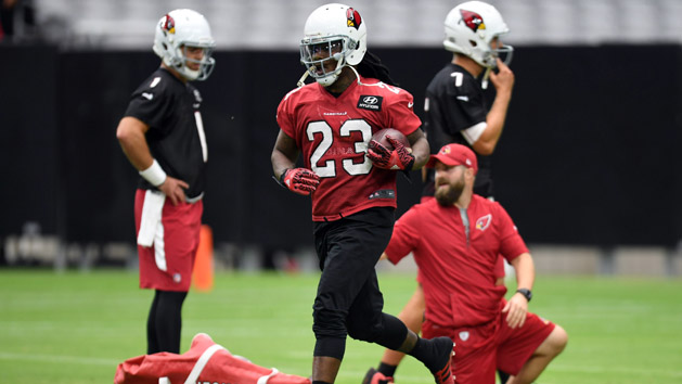 Jul 22, 2017; Glendale, AZ, USA; Arizona Cardinals running back Chris Johnson (23) runs with the ball during training camp at University of Phoenix Stadium. Photo Credit: Joe Camporeale-USA TODAY Sports