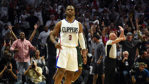 April 25, 2017; Los Angeles, CA, USA; Los Angeles Clippers guard Chris Paul (3) reacts after he scores a basket against the Utah Jazz during the second half in game five of the first round of the 2017 NBA Playoffs at Staples Center. Photo Credit: Richard Mackson-USA TODAY Sports