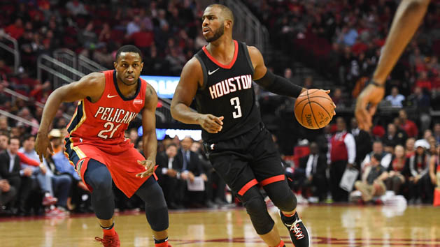 Dec 11, 2017; Houston, TX, USA; Houston Rockets guard Chris Paul (3) drives past New Orleans Pelicans forward Darius Miller (21) during the second quarter at Toyota Center. Photo Credit: Shanna Lockwood-USA TODAY Sports