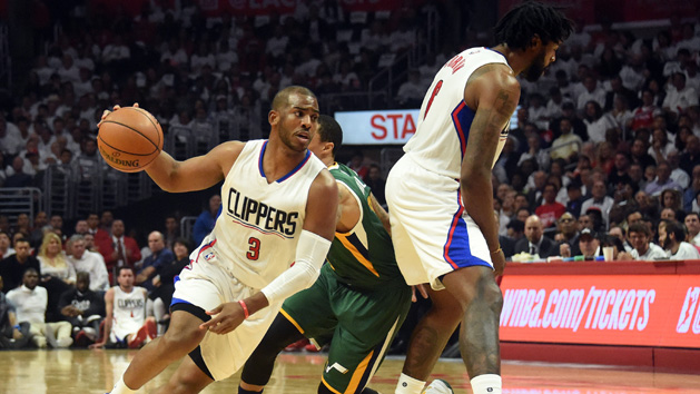 April 25, 2017; Los Angeles, CA, USA; Los Angeles Clippers guard Chris Paul (3) moves the ball as center DeAndre Jordan (6) provides the screen against Utah Jazz guard George Hill (3) during the first half in game five of the first round of the 2017 NBA Playoffs at Staples Center. Photo Credit: Richard Mackson-USA TODAY Sports