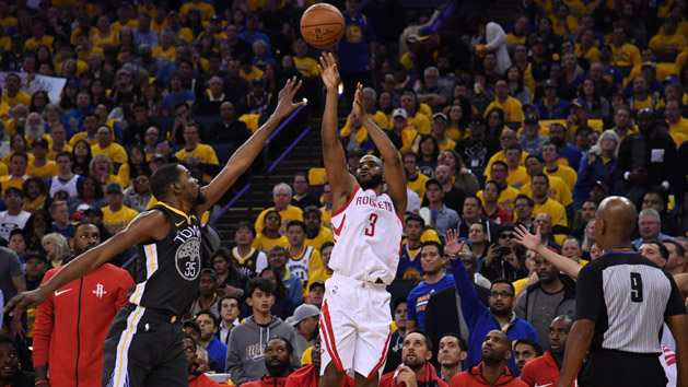 May 22, 2018; Oakland, CA, USA; Houston Rockets guard Chris Paul (3) shoots over Golden State Warriors forward Kevin Durant (35) during the second quarter in game four of the Western conference finals of the 2018 NBA Playoffs at Oracle Arena. Photo Credit: Kyle Terada-USA TODAY Sports
