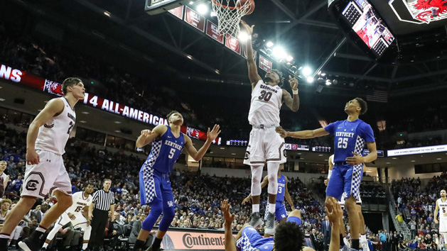 Jan 16, 2018; Columbia, SC, USA; South Carolina Gamecocks forward Chris Silva (30) makes a shot surrounded by Kentucky Wildcats during the second half at Colonial Life Arena. Photo Credit: Jim Dedmon-USA TODAY Sports