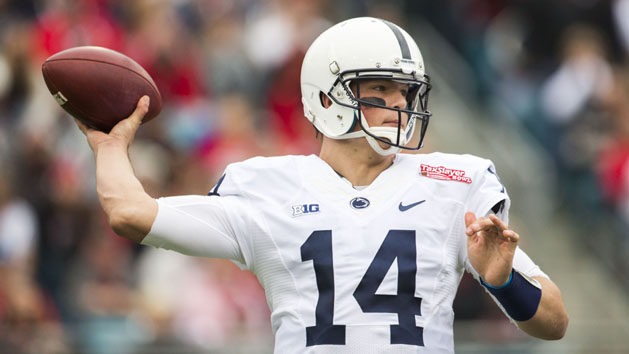 Jan 2, 2016; Jacksonville, FL, USA; Penn State Nittany Lions quarterback Christian Hackenberg (14) throws a pass during the first quarter against the Georgia Bulldogs at EverBank Field. Mandatory Credit: Logan Bowles-USA TODAY Sports