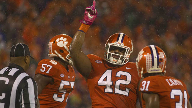 Oct 28, 2017; Clemson, SC, USA; Clemson Tigers defensive lineman Christian Wilkins (42) reacts after making a tackle during the first half against the Georgia Tech Yellow Jackets at Clemson Memorial Stadium. Photo Credit: Joshua S. Kelly-USA TODAY Sports